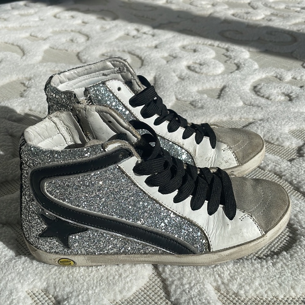 Golden Goose Silver Glitter High-Top Sneakers with Black Accents